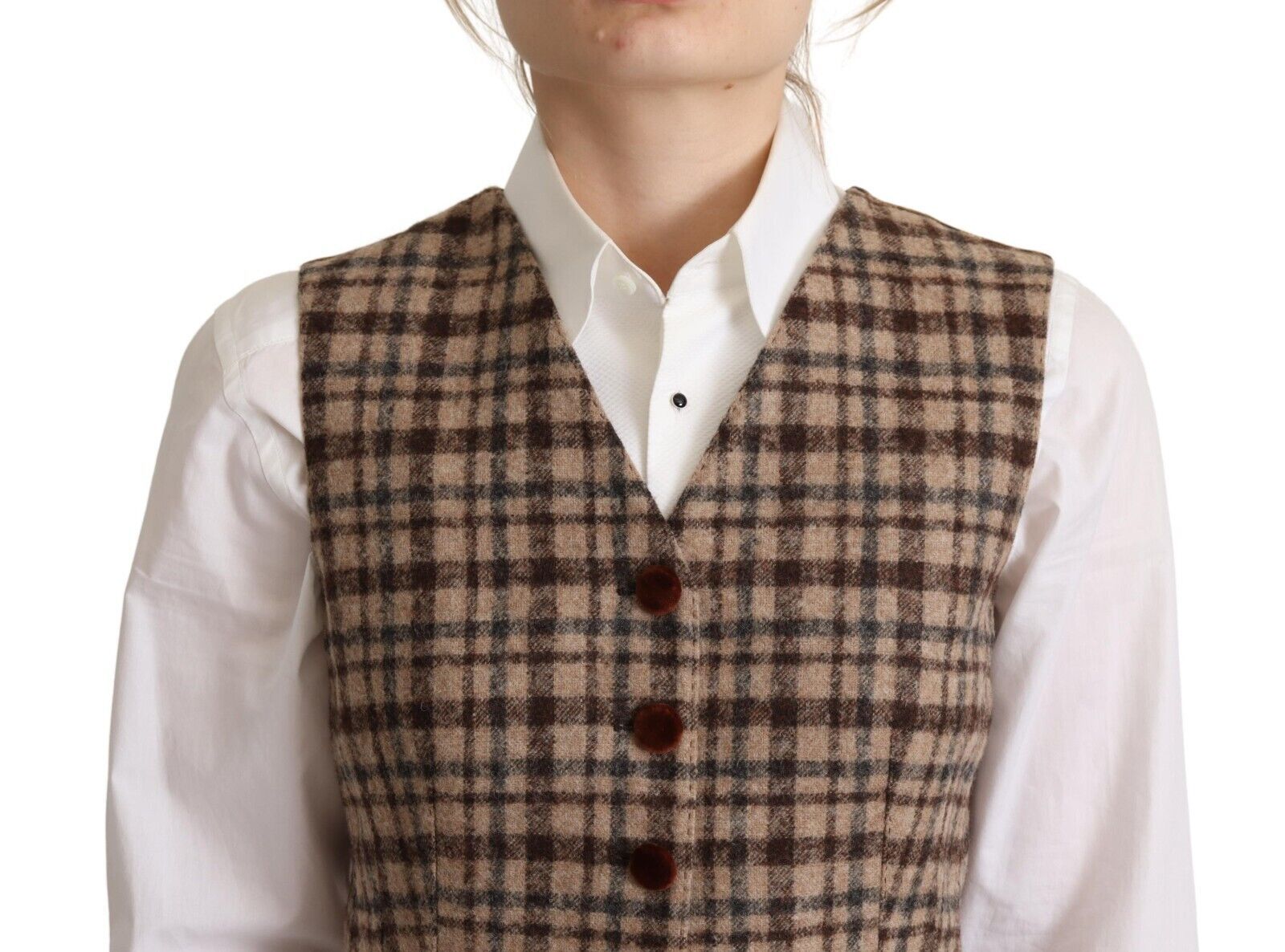 Dolce & Gabbana Brown Plaid Leopard V-Neck Sleeveless Vest Top