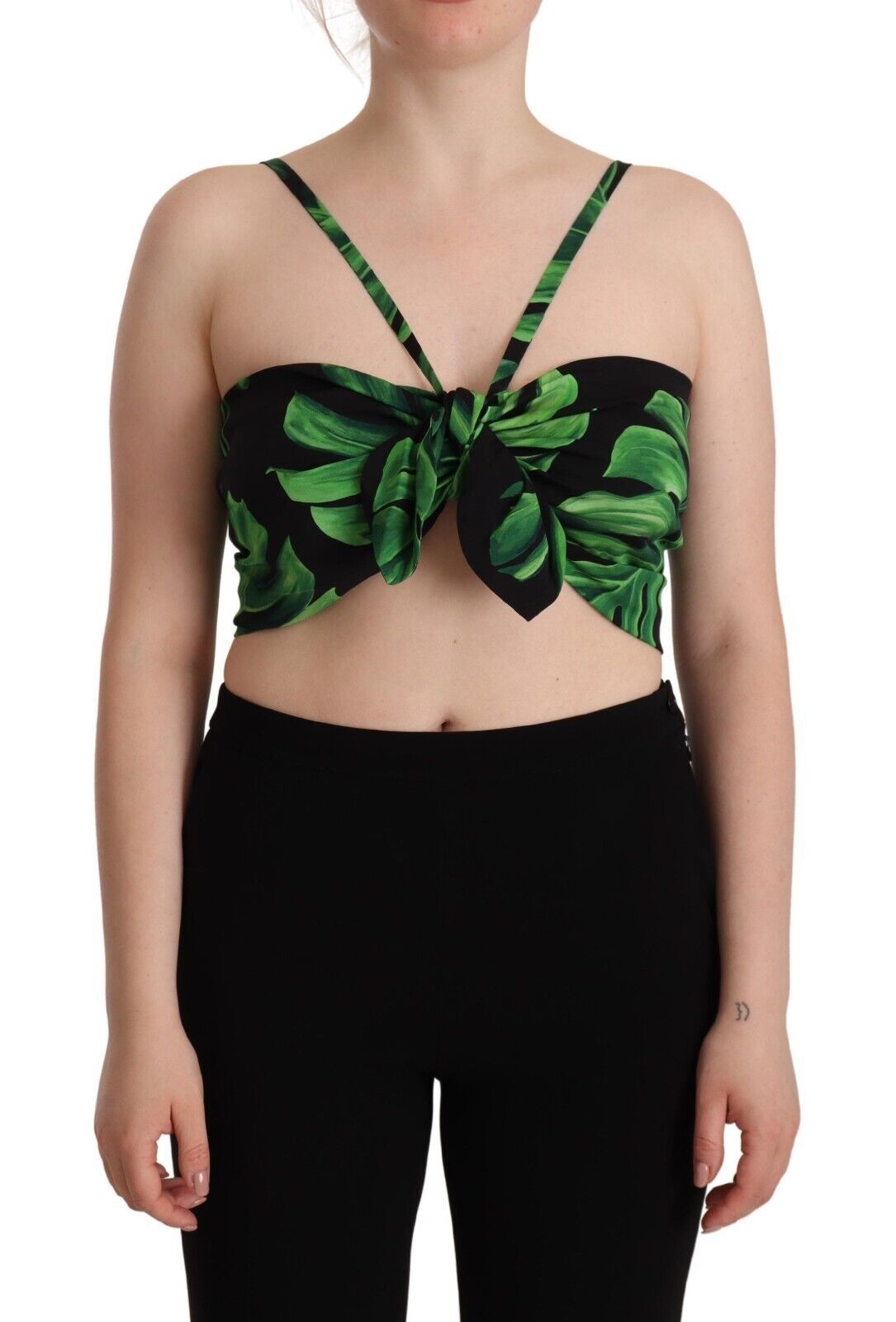 Dolce & Gabbana Schwarz-grünes Blatt-Seidenhalfter-Top
