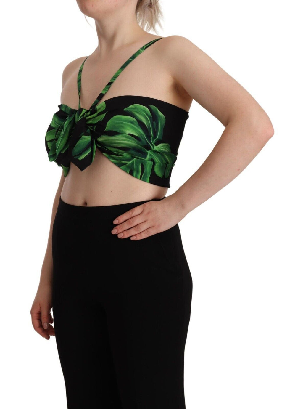 Dolce & Gabbana Schwarz-grünes Blatt-Seidenhalfter-Top