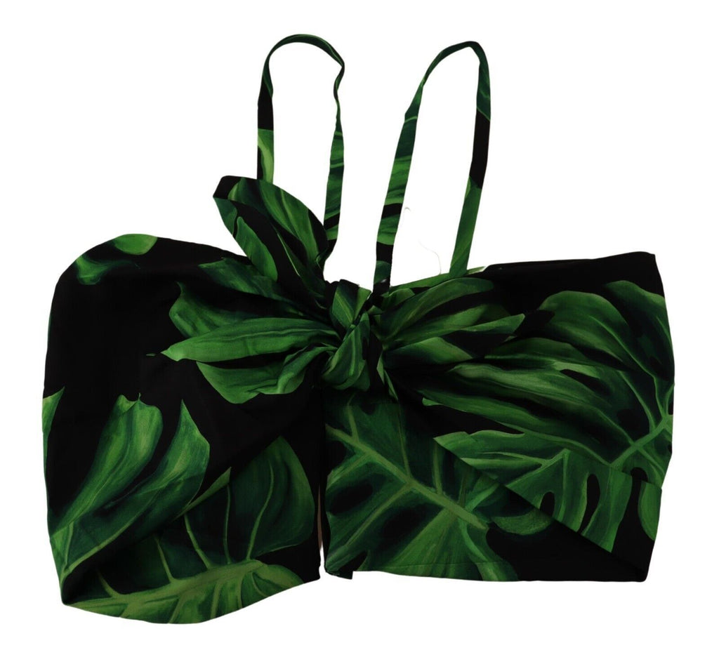 Dolce & Gabbana Schwarz-grünes Blatt-Seidenhalfter-Top