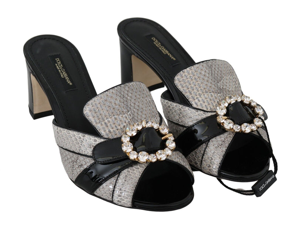 Dolce & Gabbana Schwarz Grau Exotisches Leder Kristalle Sandalen Schuhe