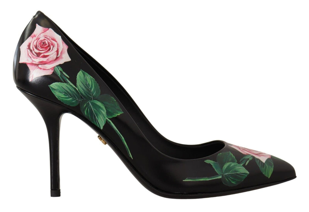 Dolce & Gabbana Black Leather Rose High Heel Pumps Shoes