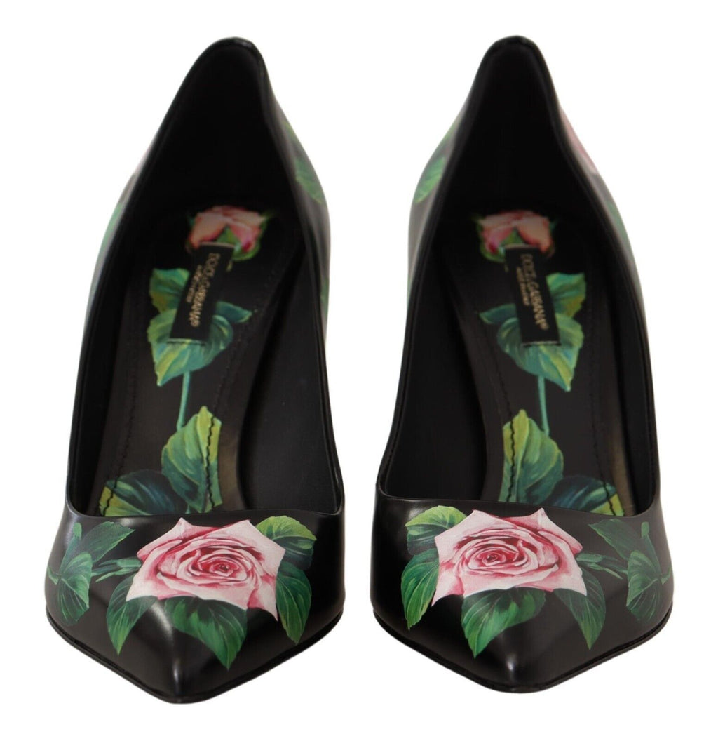 Dolce & Gabbana Black Leather Rose High Heel Pumps Shoes