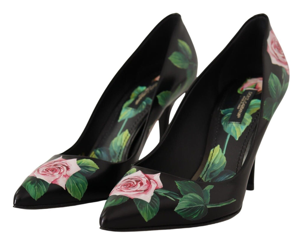 Dolce & Gabbana Black Leather Rose High Heel Pumps Shoes
