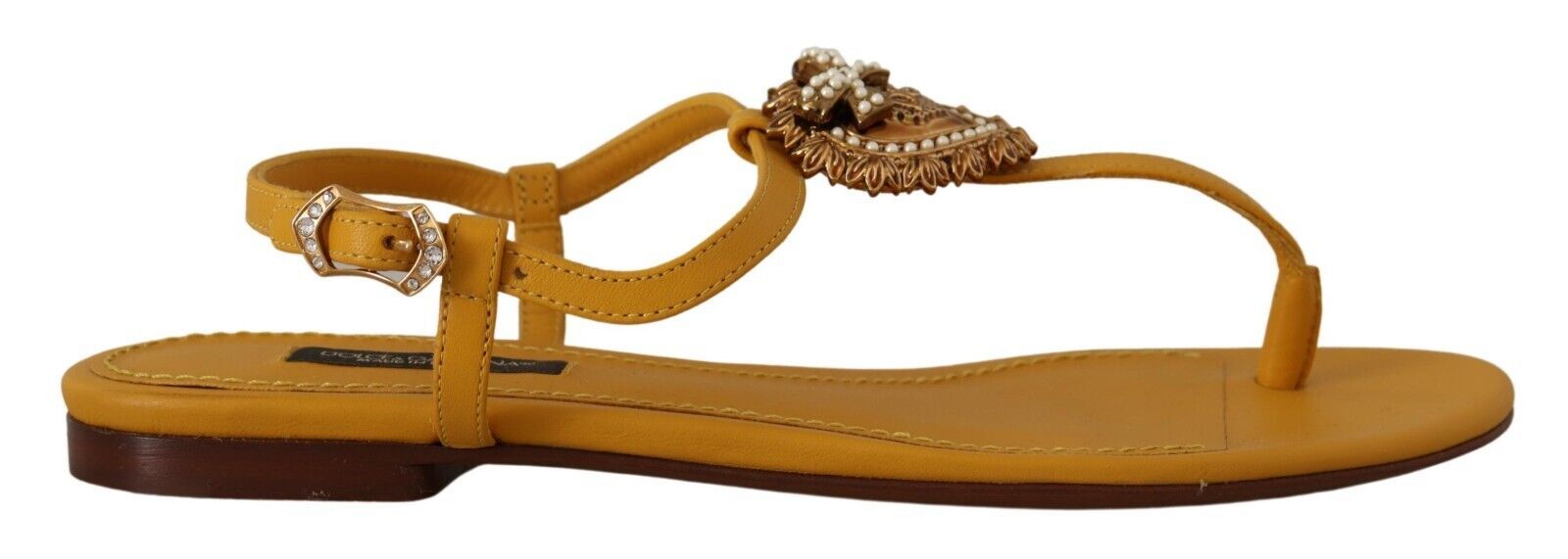 Dolce & Gabbana Mustard Leather Devotion Flat Sandals Shoes