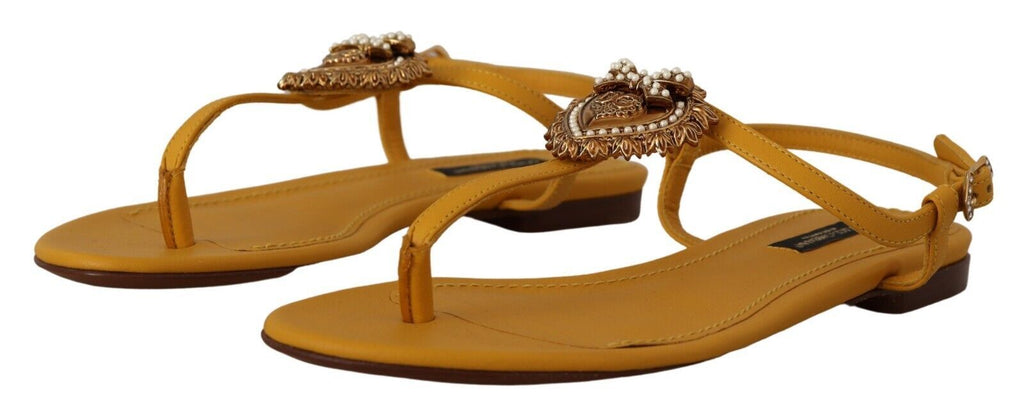 Dolce & Gabbana Mustard Leather Devotion Flat Sandals Shoes