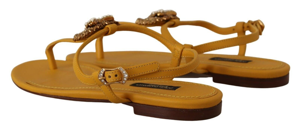 Dolce & Gabbana Mustard Leather Devotion Flat Sandals Shoes