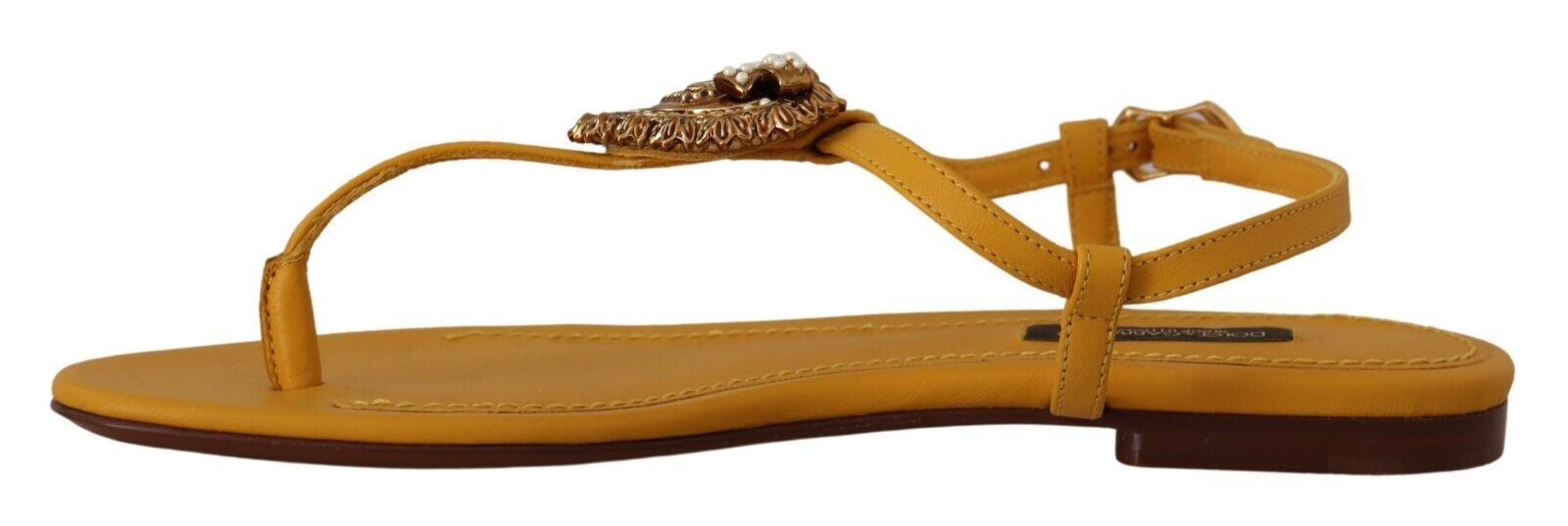 Dolce & Gabbana Mustard Leather Devotion Flat Sandals Shoes