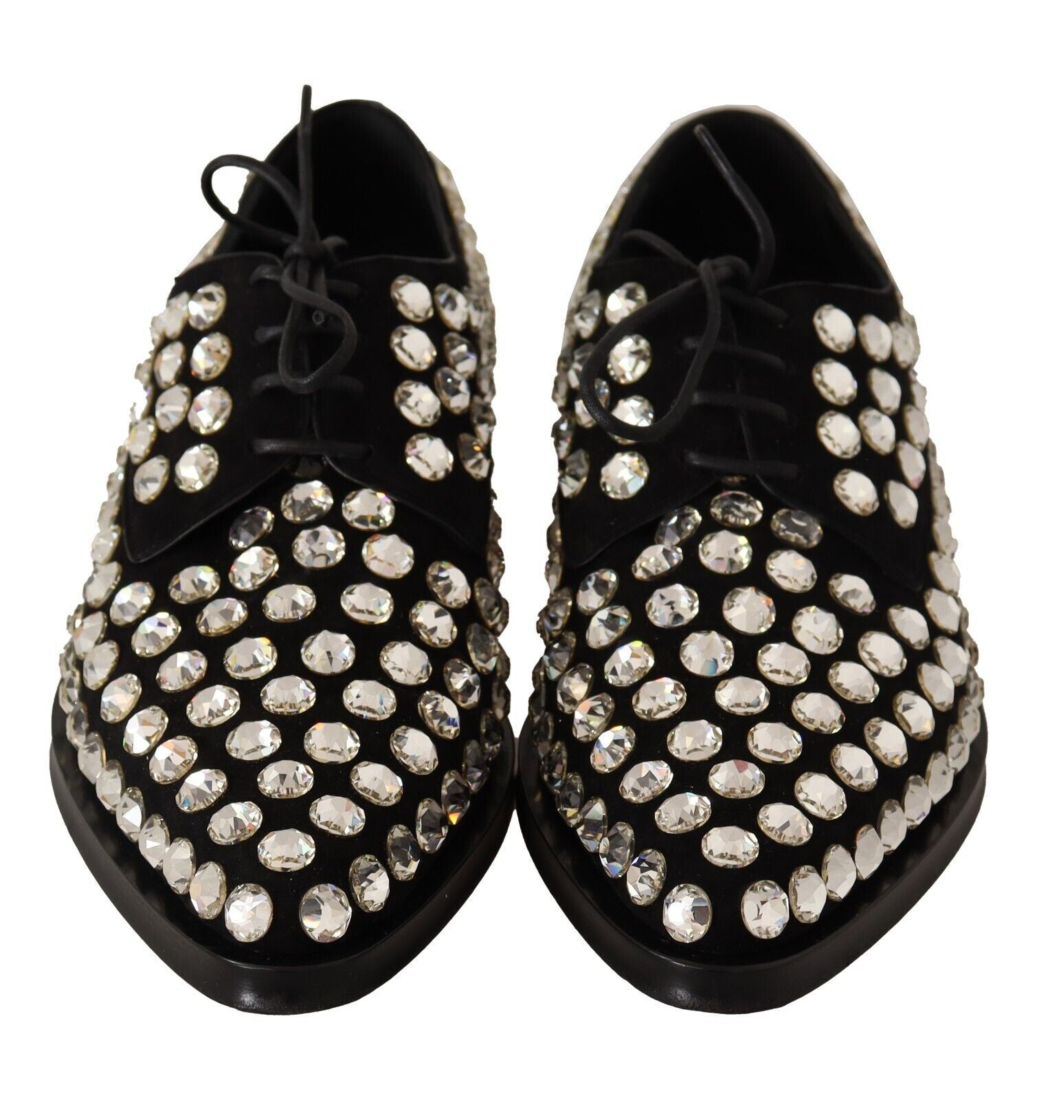Dolce & Gabbana Black Leather Crystal Lace-Up Formal Shoes