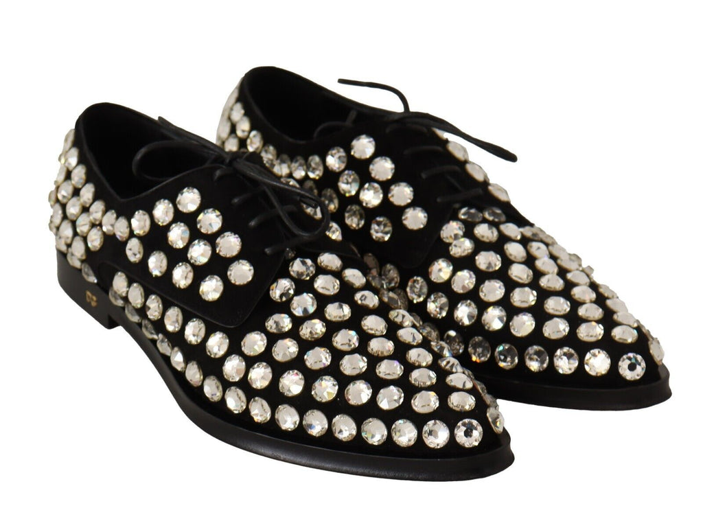 Dolce & Gabbana Black Leather Crystal Lace-Up Formal Shoes