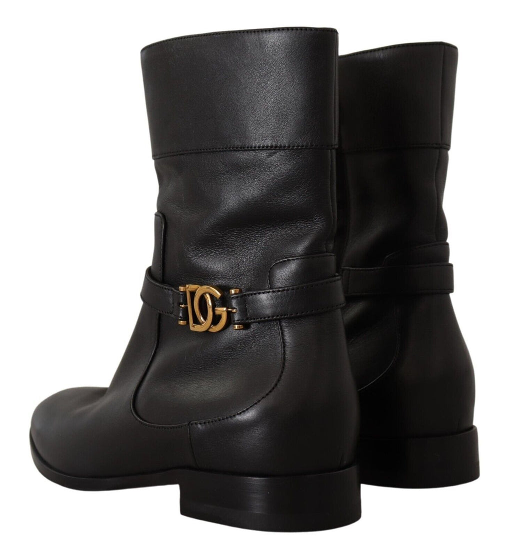 Dolce & Gabbana Schwarzes Leder Flats Logo Kurze Stiefel Schuhe