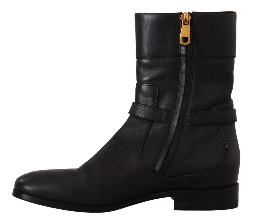 Dolce & Gabbana Schwarzes Leder Flats Logo Kurze Stiefel Schuhe