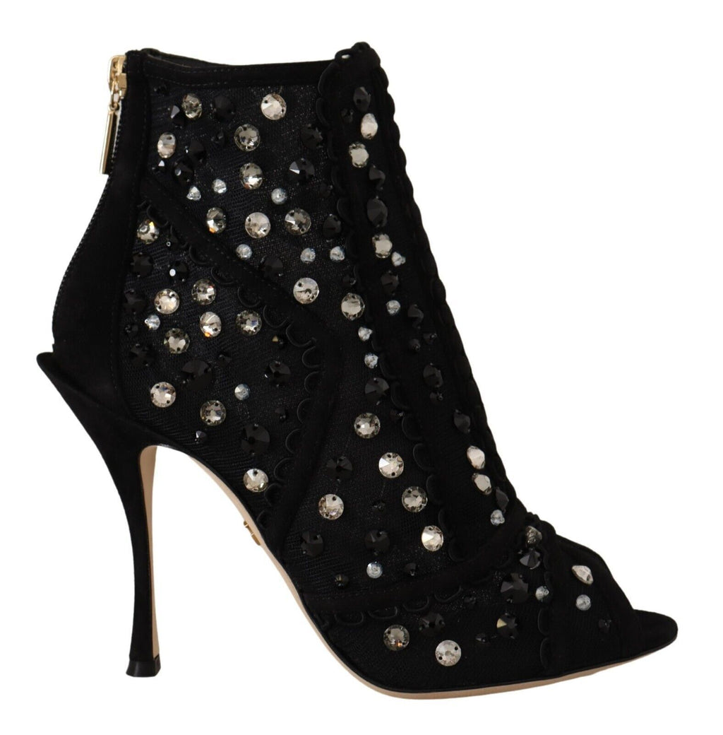 Dolce & Gabbana Schwarz Kristalle Heels Reißverschluss Kurze Stiefel Schuhe
