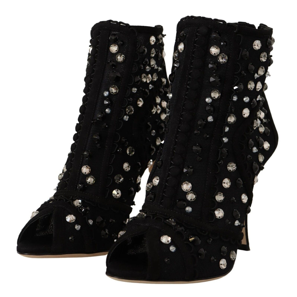 Dolce & Gabbana Schwarz Kristalle Heels Reißverschluss Kurze Stiefel Schuhe