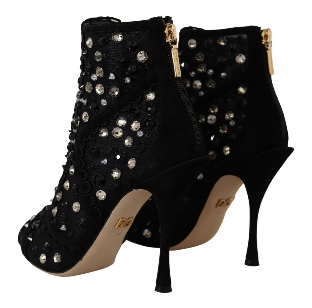 Dolce & Gabbana Schwarz Kristalle Heels Reißverschluss Kurze Stiefel Schuhe