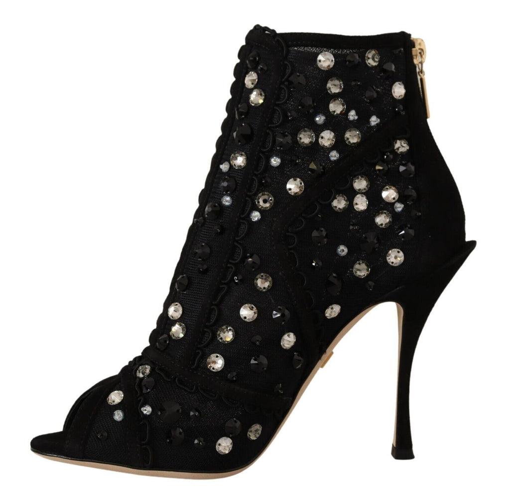 Dolce & Gabbana Schwarz Kristalle Heels Reißverschluss Kurze Stiefel Schuhe