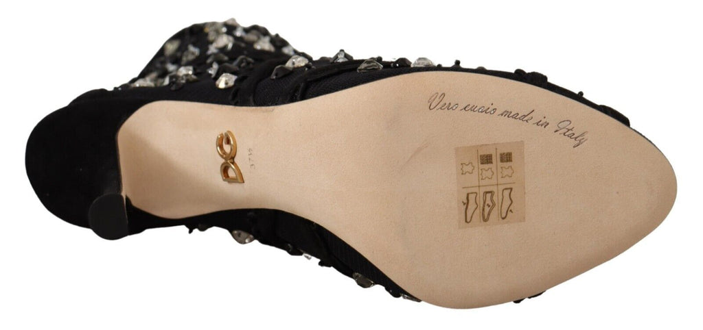 Dolce & Gabbana Schwarz Kristalle Heels Reißverschluss Kurze Stiefel Schuhe