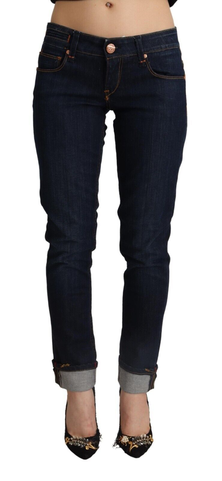 Acht Blaue Baumwolle mit niedriger Taille Slim Fit Denim Damen Hosenjeans