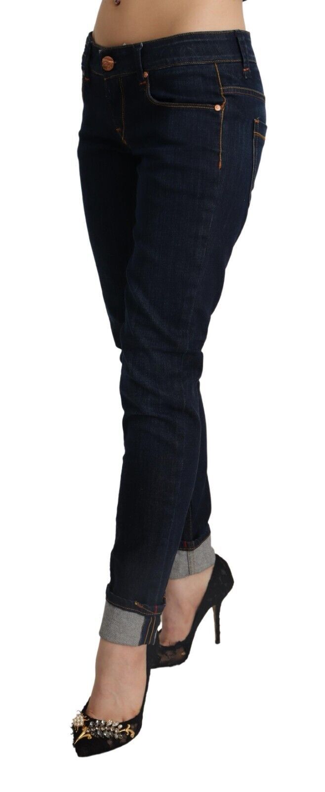 Acht Blaue Baumwolle mit niedriger Taille Slim Fit Denim Damen Hosenjeans