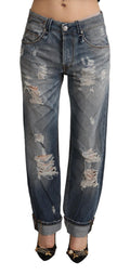 Eight blue frayed mid-waist straight denim cotton jeans