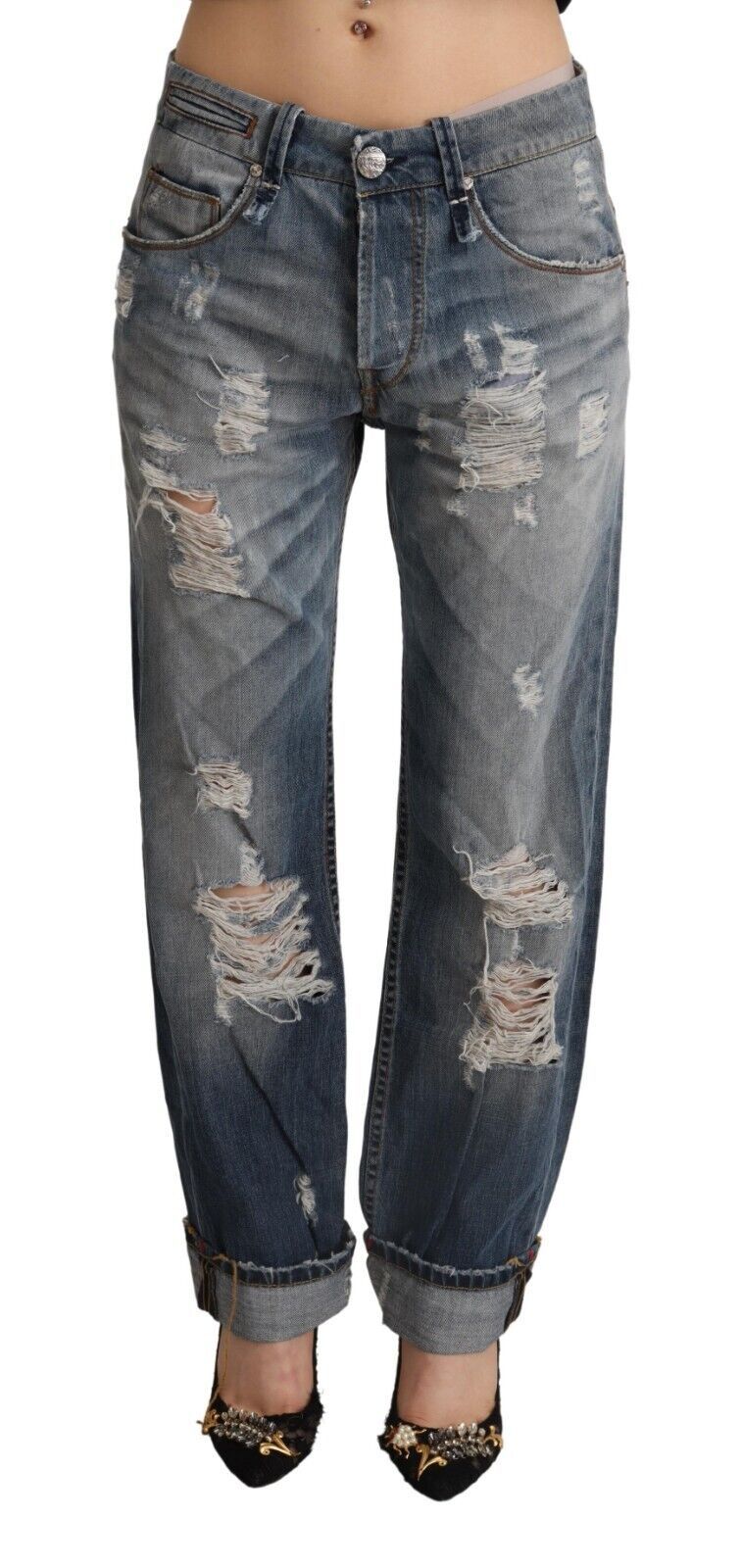 Eight blue frayed mid-waist straight denim cotton jeans