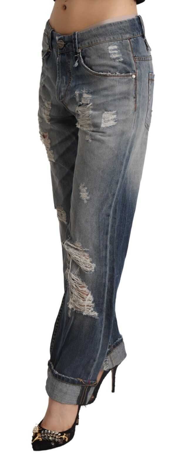 Eight blue frayed mid-waist straight denim cotton jeans