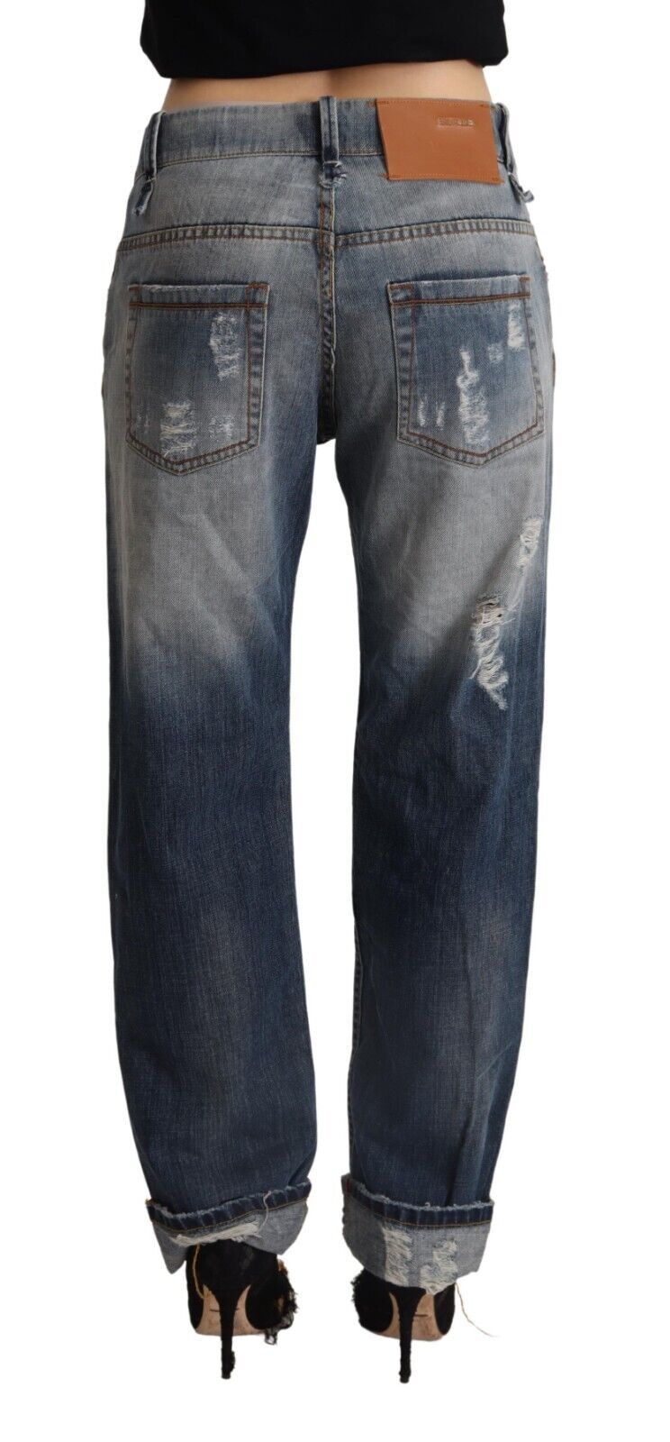Eight blue frayed mid-waist straight denim cotton jeans