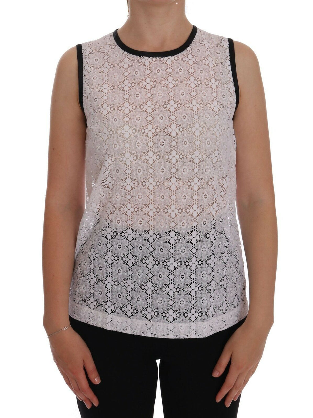Dolce & Gabbana White Floral Nylon Tank T-Shirt with Lace