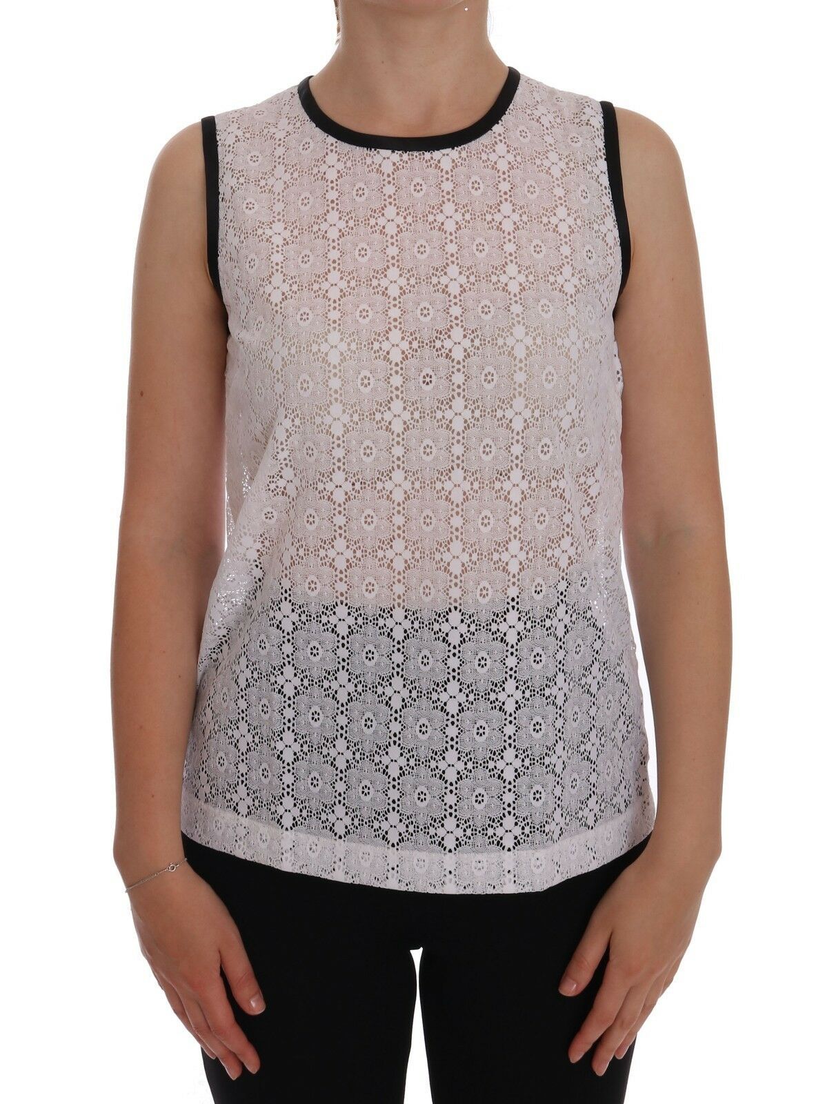 Dolce & Gabbana White Floral Nylon Tank T-Shirt with Lace