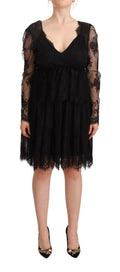 Aniye By Schwarzes florales Baumwoll-Spitzenkleid mit langen Ärmeln und V-Ausschnitt