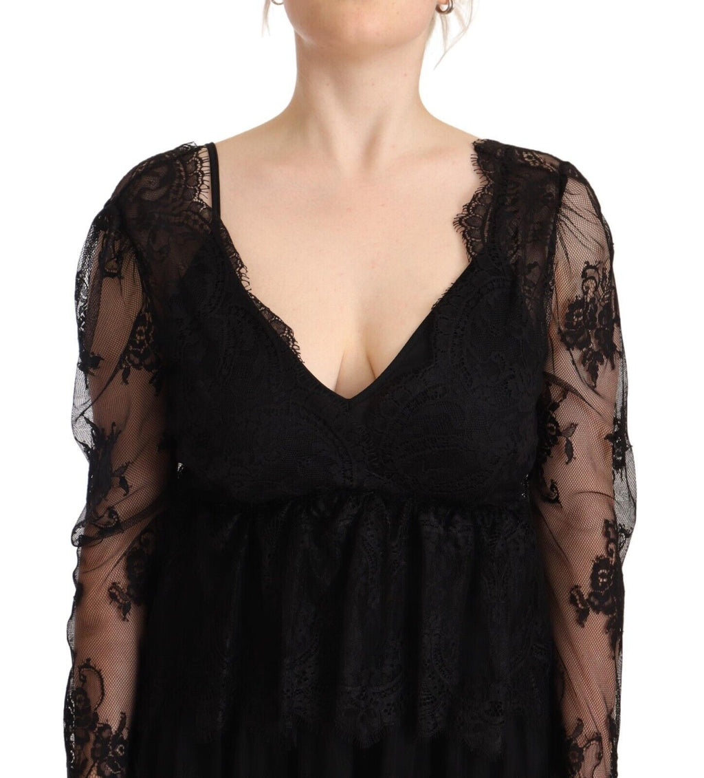 Aniye By Schwarzes florales Baumwoll-Spitzenkleid mit langen Ärmeln und V-Ausschnitt