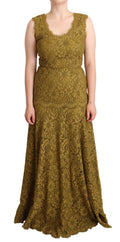 Dolce & Gabbana Braunes bodenlanges Maxikleid aus floraler Spitze