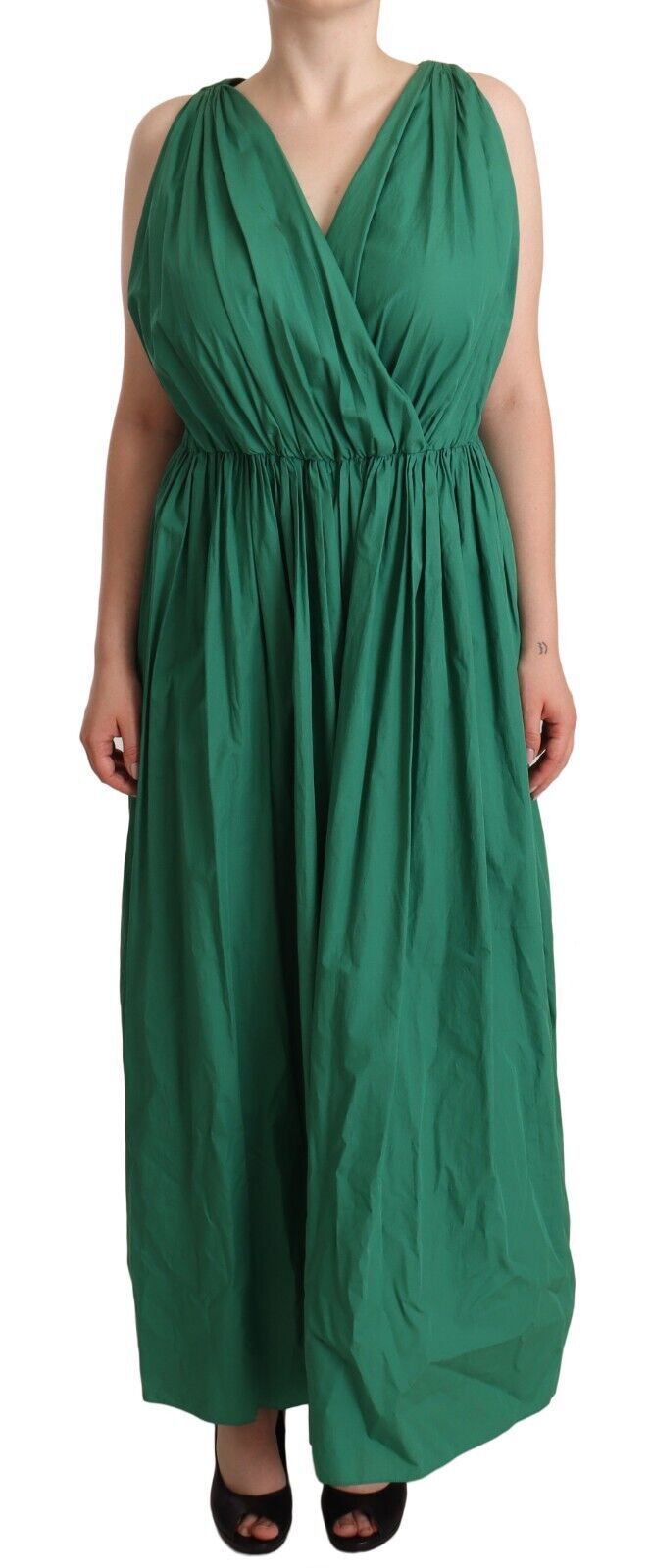 Dolce & Gabbana Grünes ärmelloses Kleid mit V-Ausschnitt aus Baumwolle