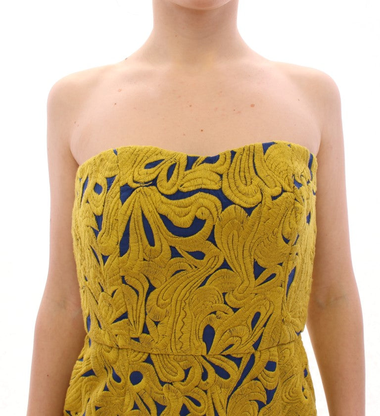 Sachin & Babi Blau-Gelbes trägerloses Bubble Mini Shift Dress