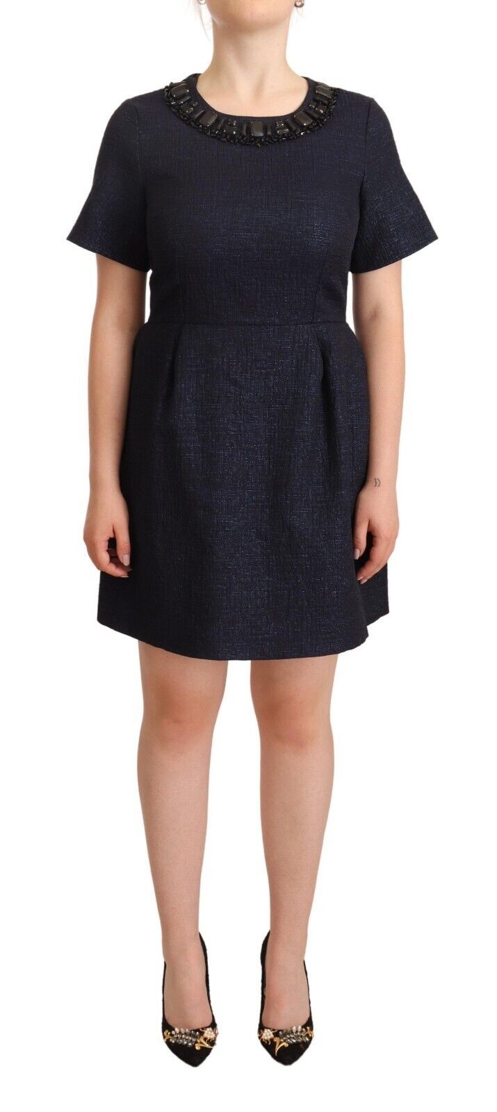L'Autre Chose Black Embellished Mini A-Line Dress with Short Sleeves