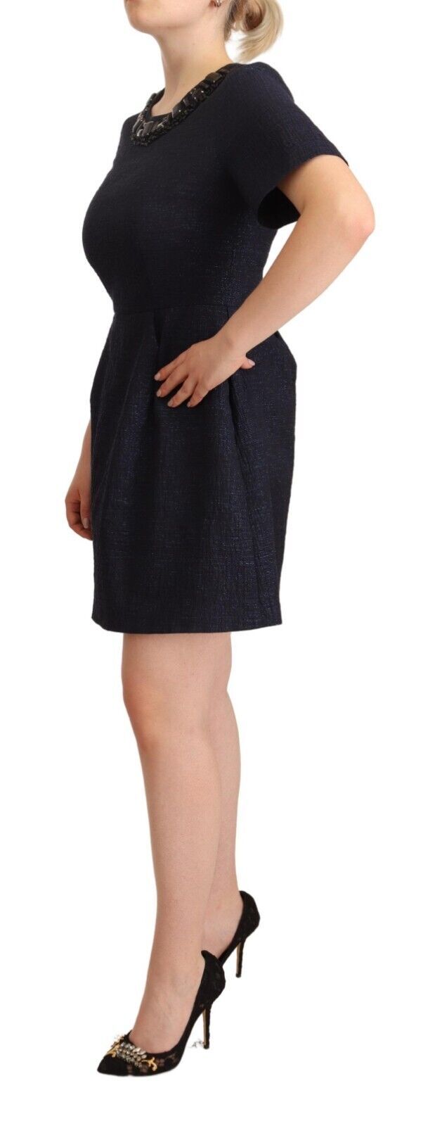 L'Autre Chose Black Embellished Mini A-Line Dress with Short Sleeves