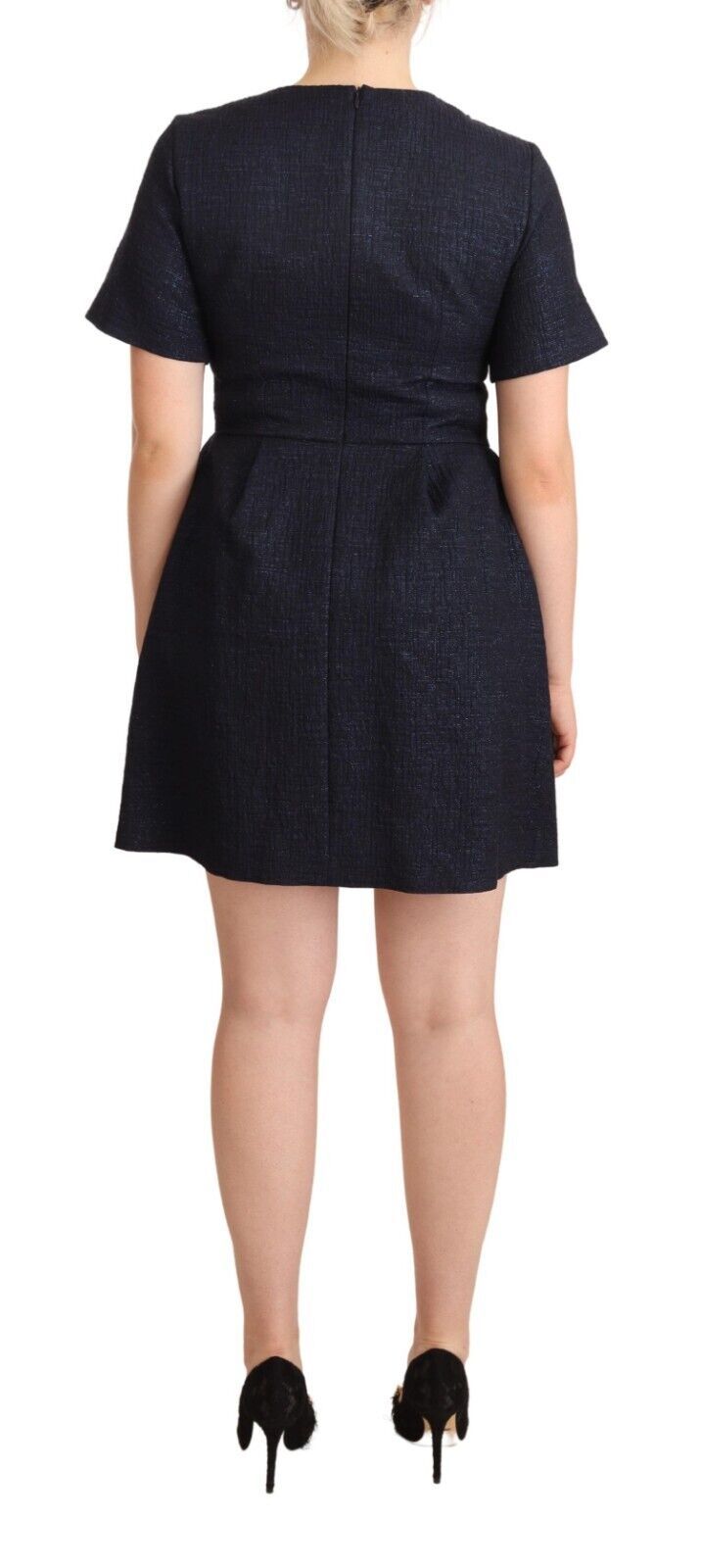 L'Autre Chose Black Embellished Mini A-Line Dress with Short Sleeves