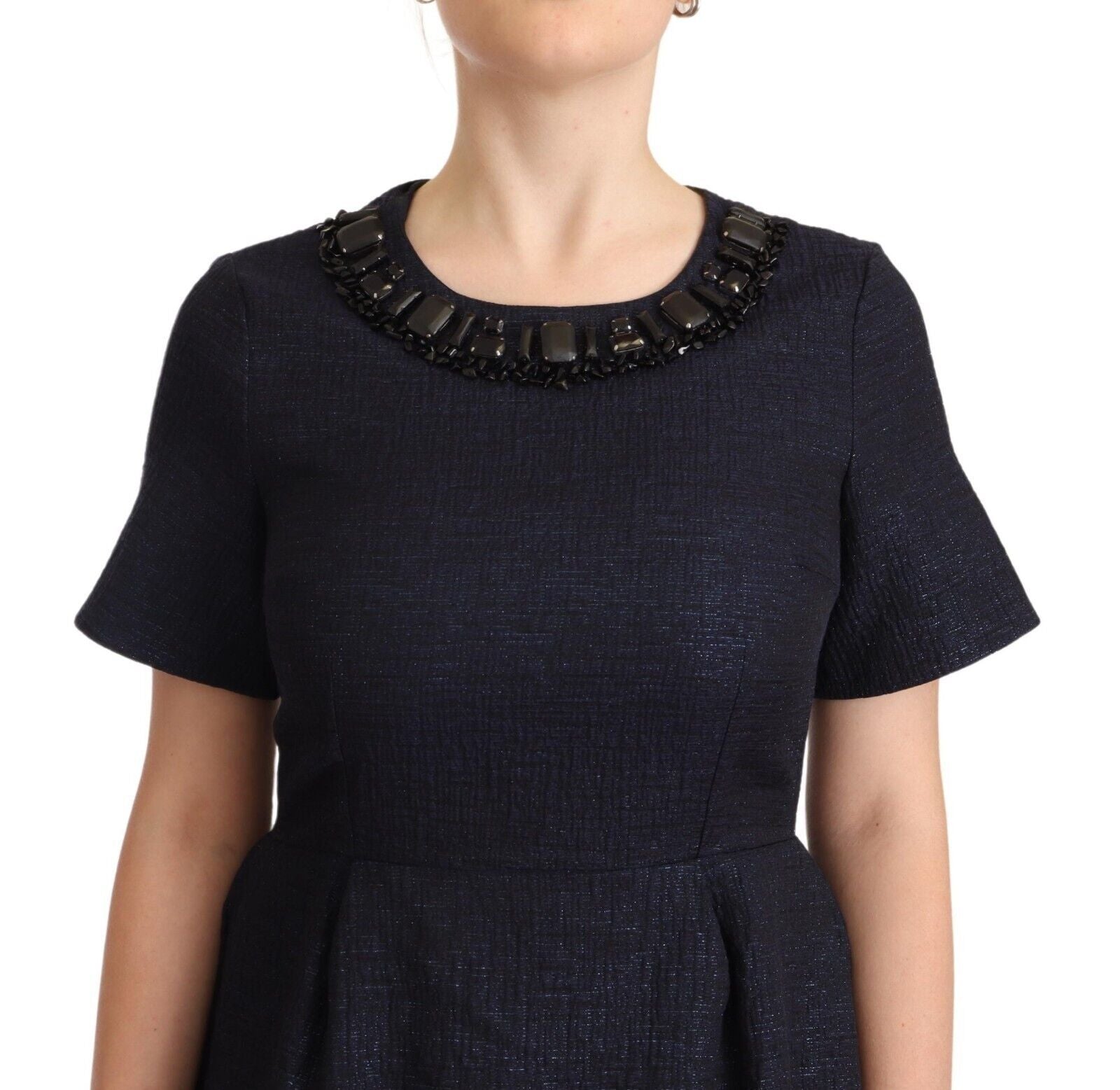 L'Autre Chose Black Embellished Mini A-Line Dress with Short Sleeves