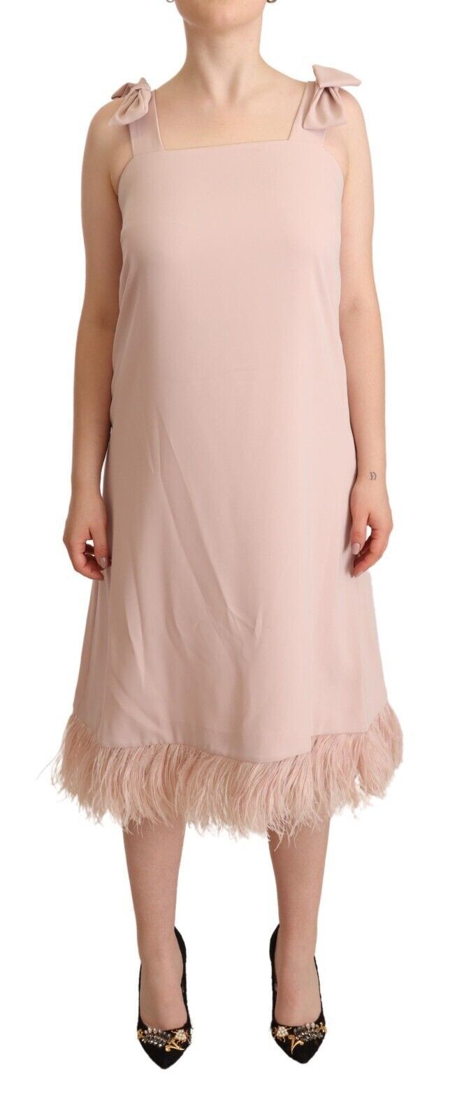 P.A.R.O.S.H. Pink Sleeveless Polyester Feather Midi Dress