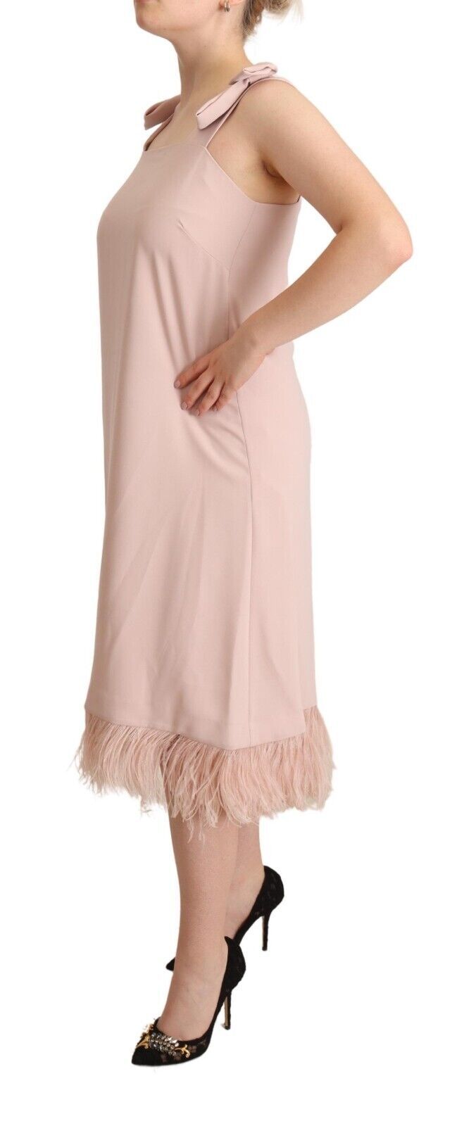P.A.R.O.S.H. Pink Sleeveless Polyester Feather Midi Dress