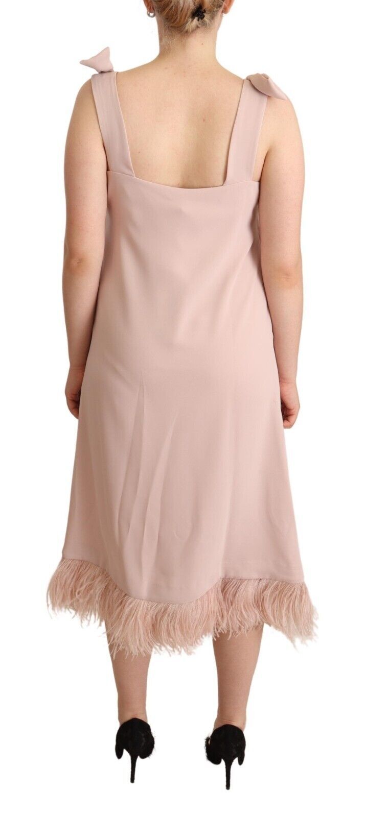 P.A.R.O.S.H. Pink Sleeveless Polyester Feather Midi Dress