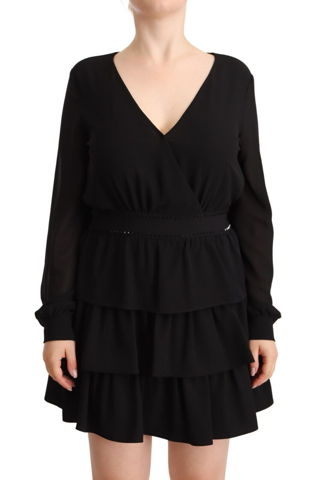 Liu Jo Schwarzes Polyester Langärmeliges Mini-A-Linien-Kleid mit V-Ausschnitt