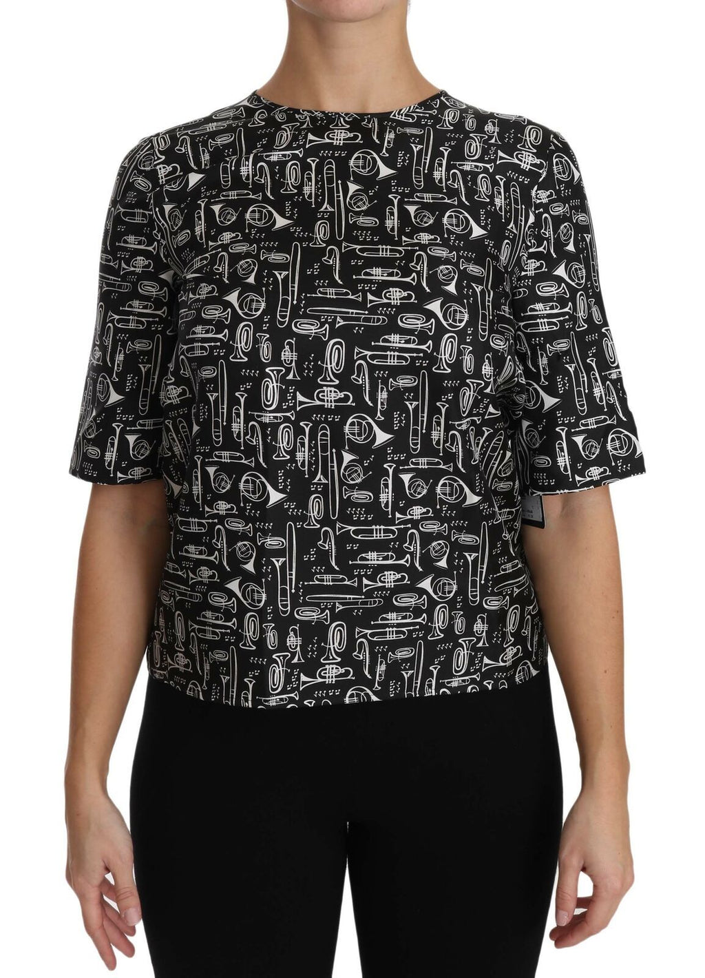 Dolce & Gabbana Schwarze Seidenbluse mit Musikinstrumenten-Druck