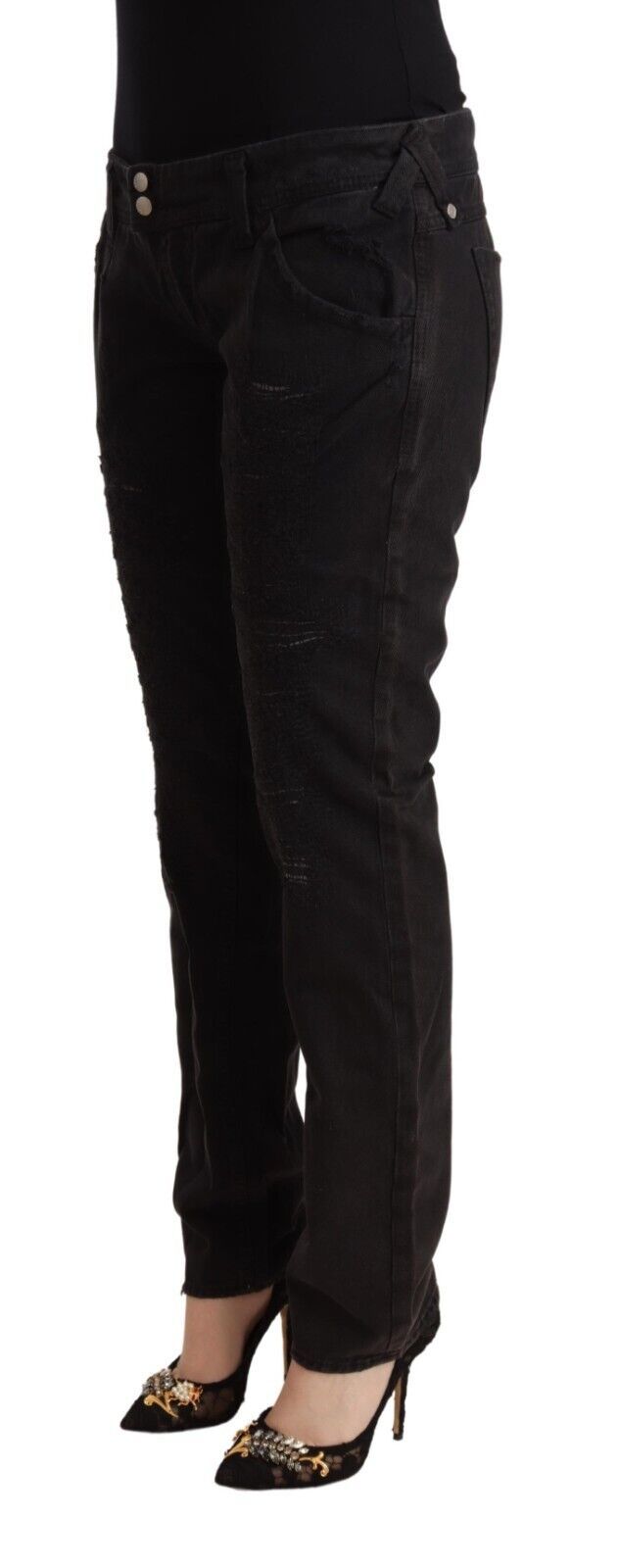 CYCLE Black Low-Rise Slim-Fit Distressed Cotton Denim Jeans