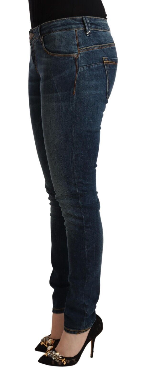 Acht Blaue Slim Fit Denim-Jeans mit niedriger Taille aus gewaschener Baumwolle