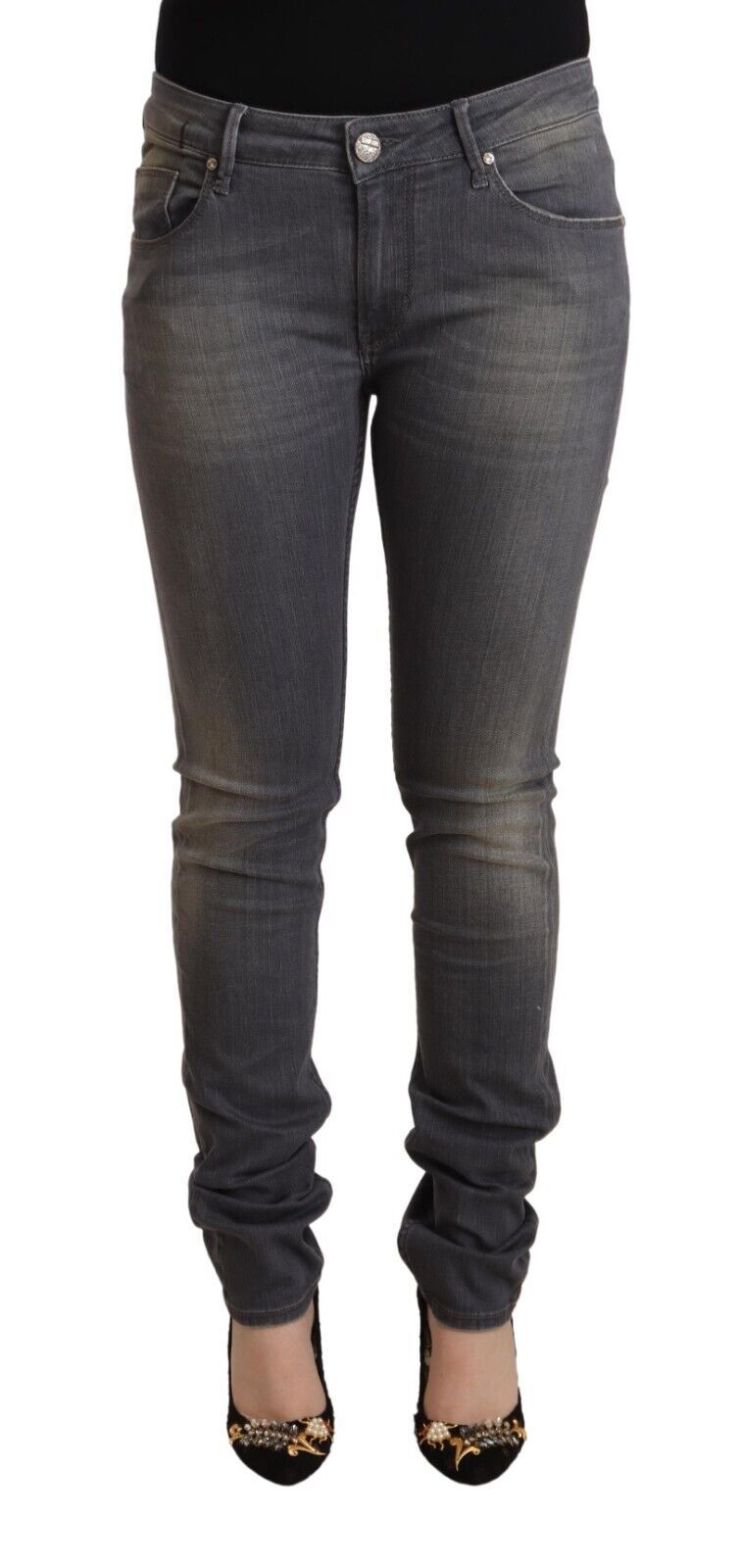 Eight dark grey skinny jeans in washed cotton denim