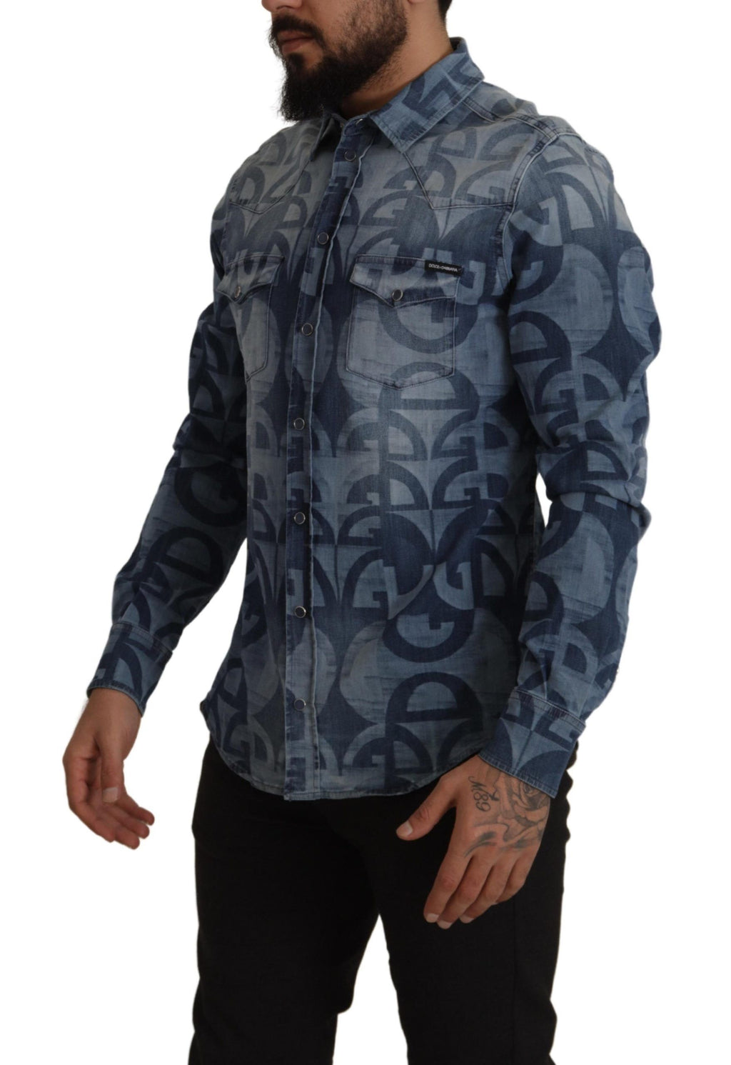 Dolce & Gabbana Blue Denim Stretch DG Logo Casual Slim Men's Shirt