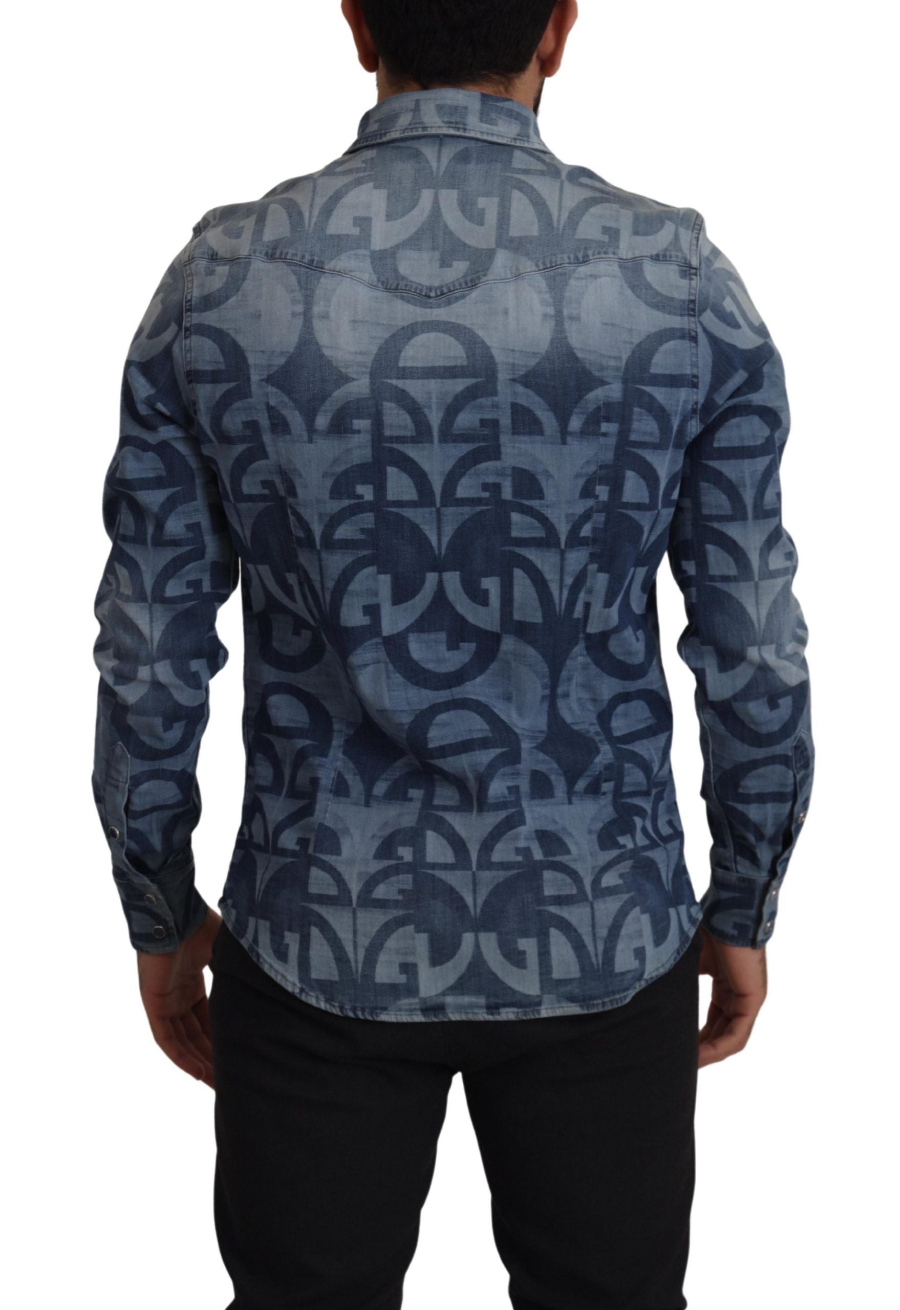 Dolce & Gabbana Blue Denim Stretch DG Logo Casual Slim Men's Shirt