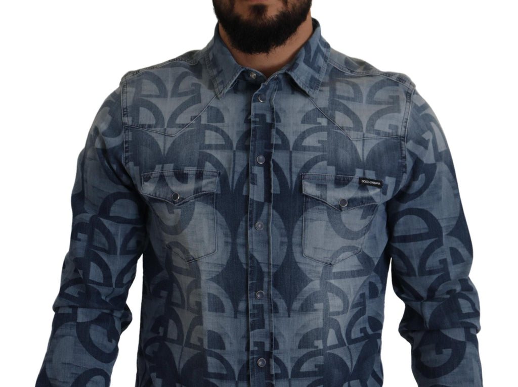 Dolce & Gabbana Blue Denim Stretch DG Logo Casual Slim Men's Shirt
