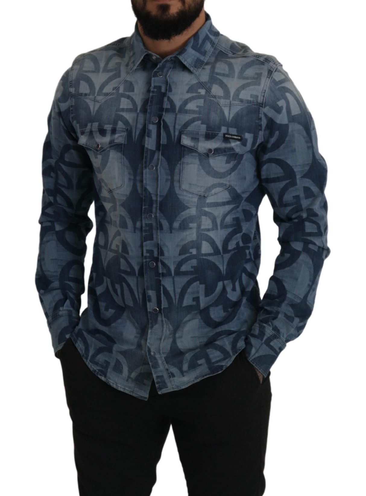 Dolce & Gabbana Blue Denim Stretch DG Logo Casual Slim Men's Shirt